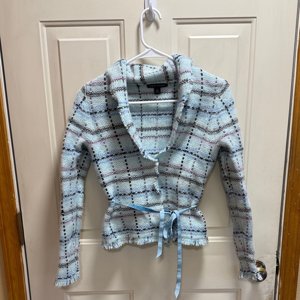 Vintage Banana Republic Icy Blue Plaid Shawl Collar Sweater Jacket with Belt